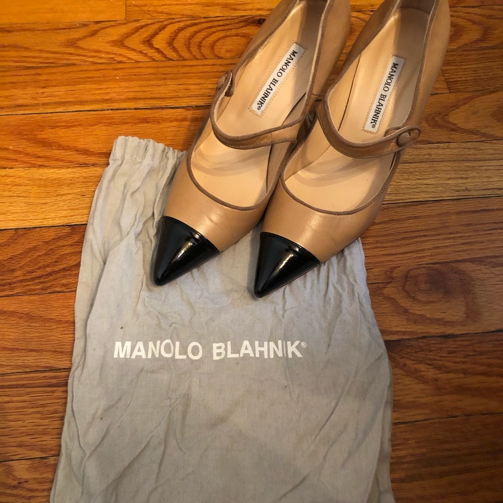 Manolo Blahnik Beige and Black Pointed Toe Mary Jane Heels